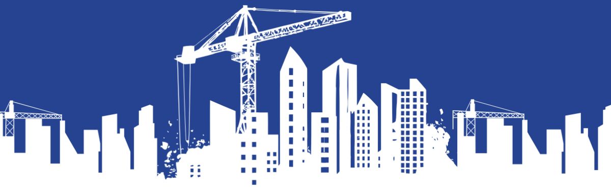 A blue banner with a white silhouette of a construction skyline and cranes