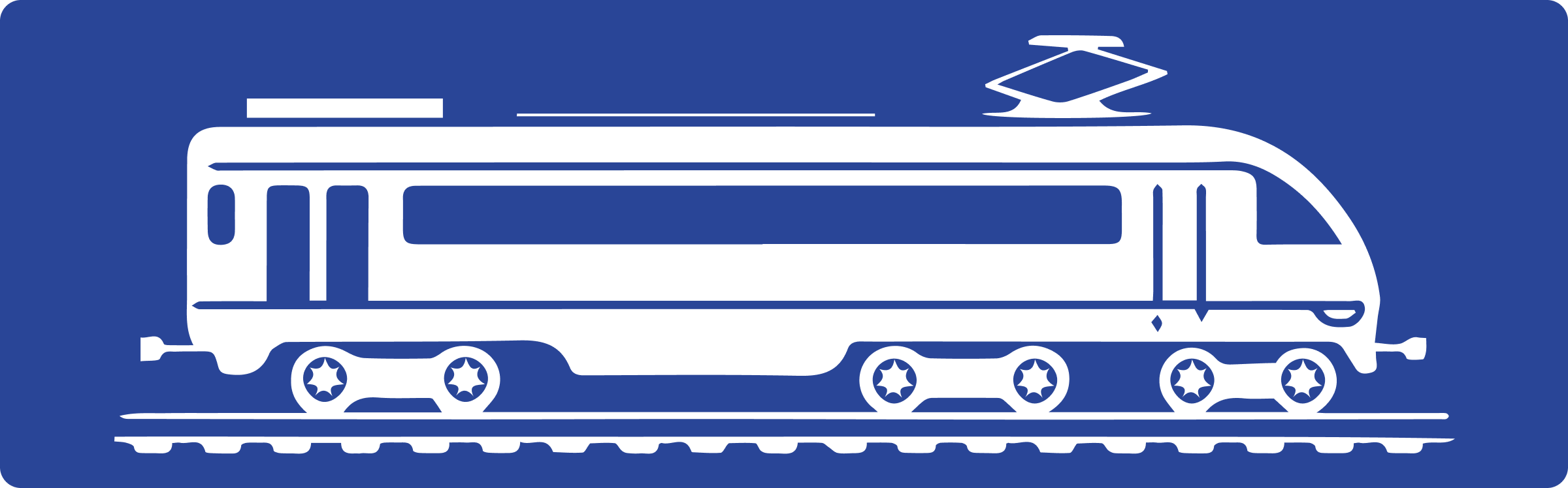 A blue banner with a white silhouette of a modern train