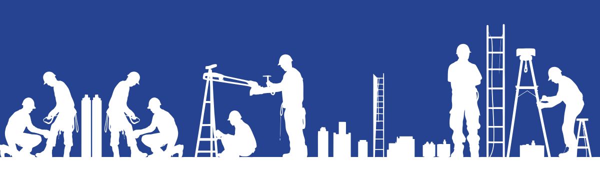 A blue banner with silhouettes of industrial workers