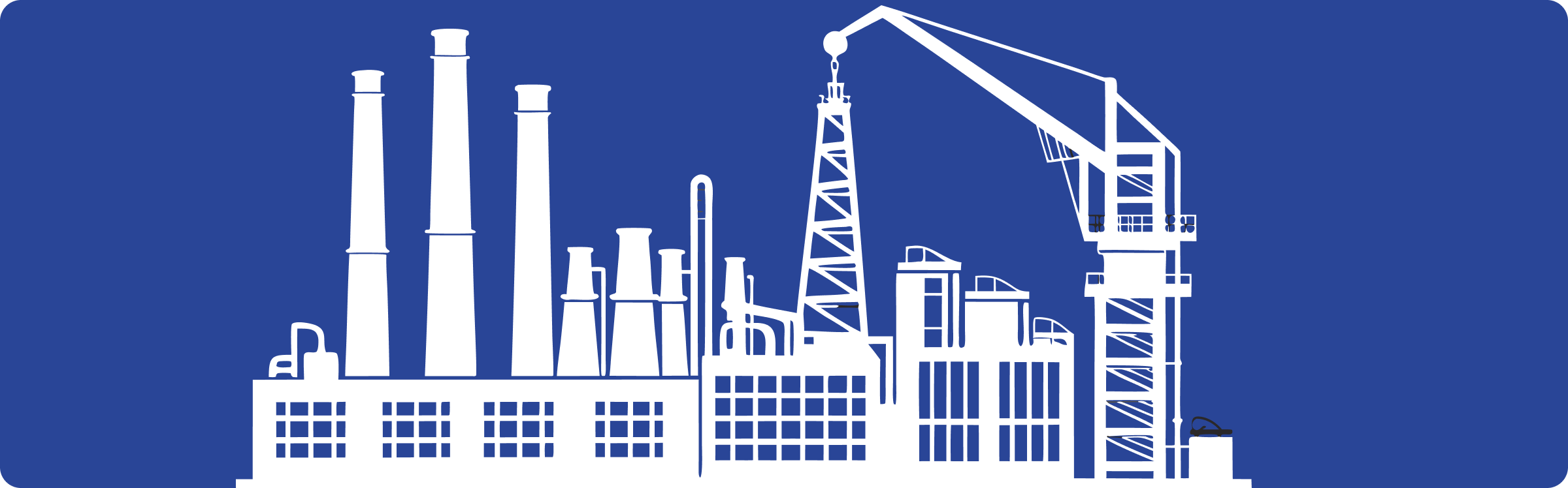 A blue banner with white line art of construction cranes