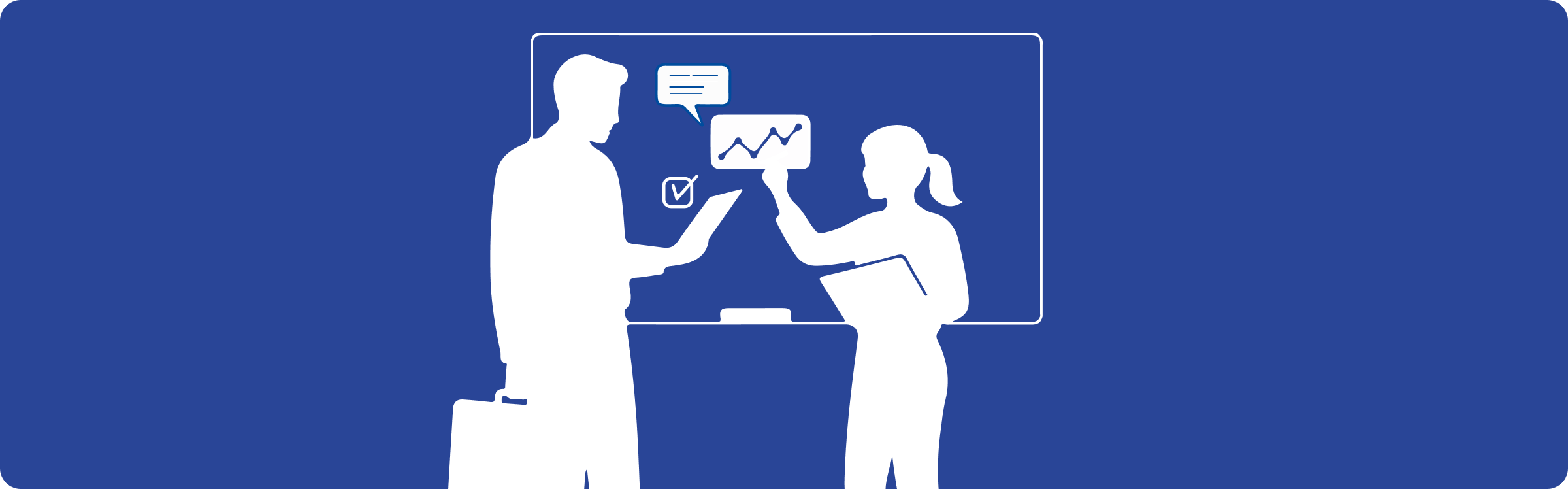A blue banner with illustrations of people communicating